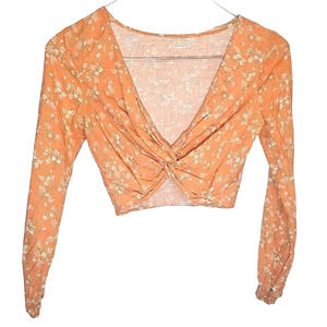 Urban Outfitters‎ Orange Floral Cropped Shirt, Size Small, Linen Blend